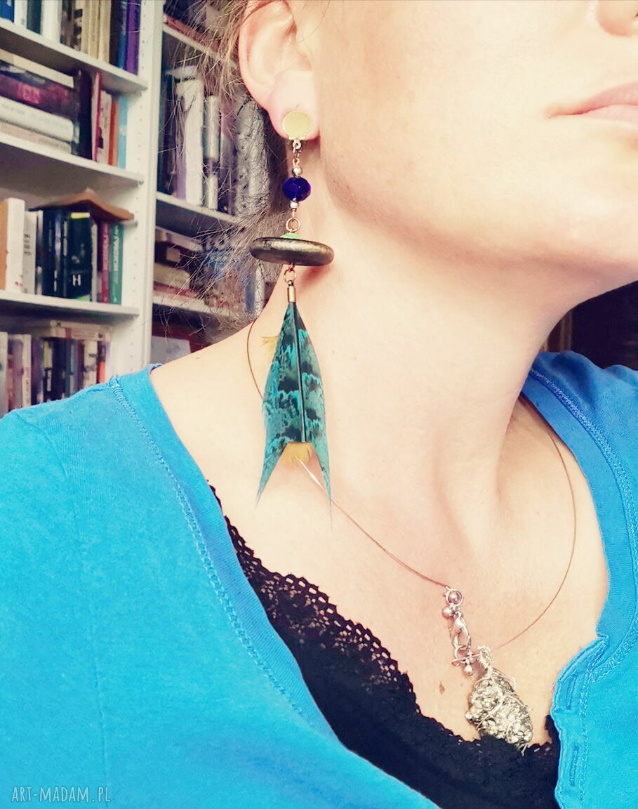 Klipsy Frida Folk Boho: długie pióra i drewno (Box x1)