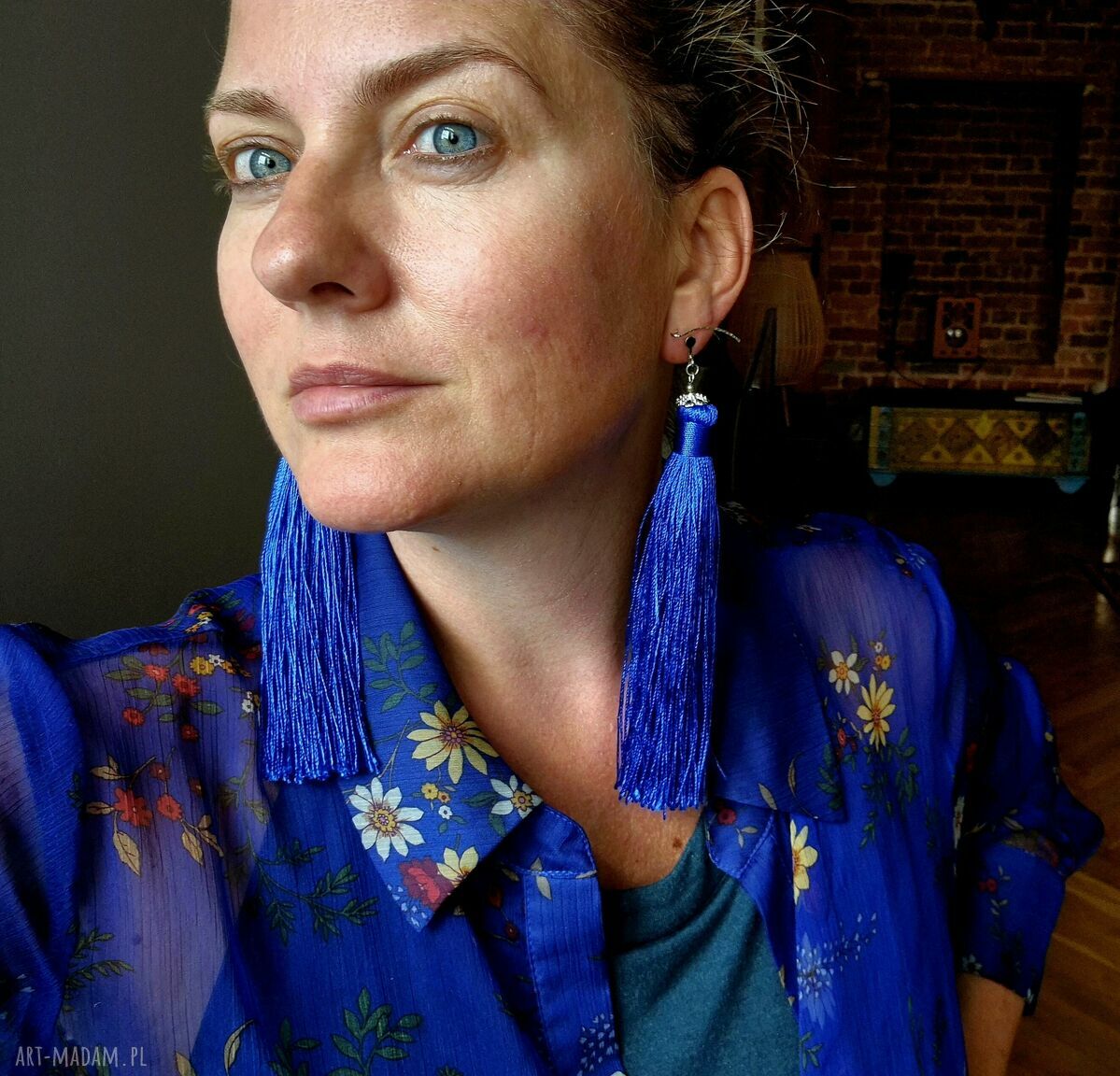 Długie, lekkie klipsy z granatowych chwostów - folk boho Frida