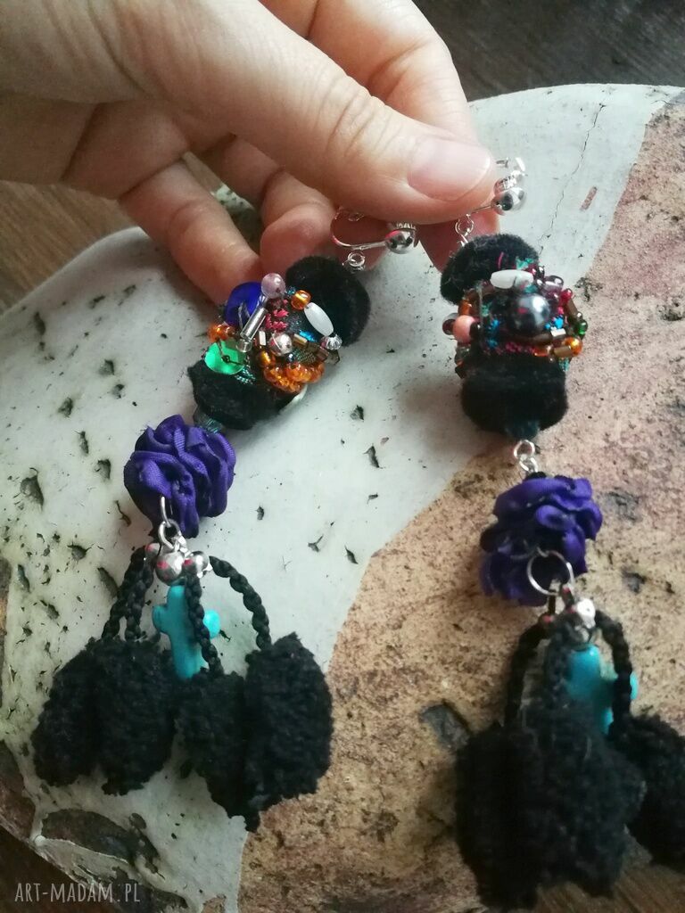 Klipsy długie boho w turkusie - wiszące, ręcznie robione (13 cm)