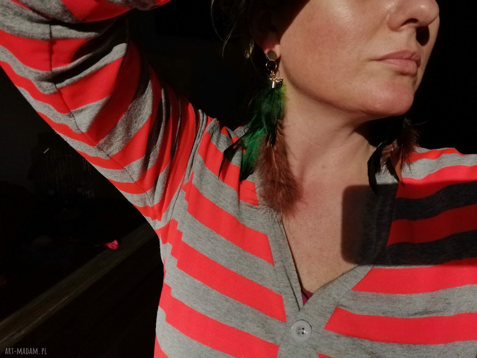 Długie klipsy etno z piórami boho Frida - zielono-brązowe