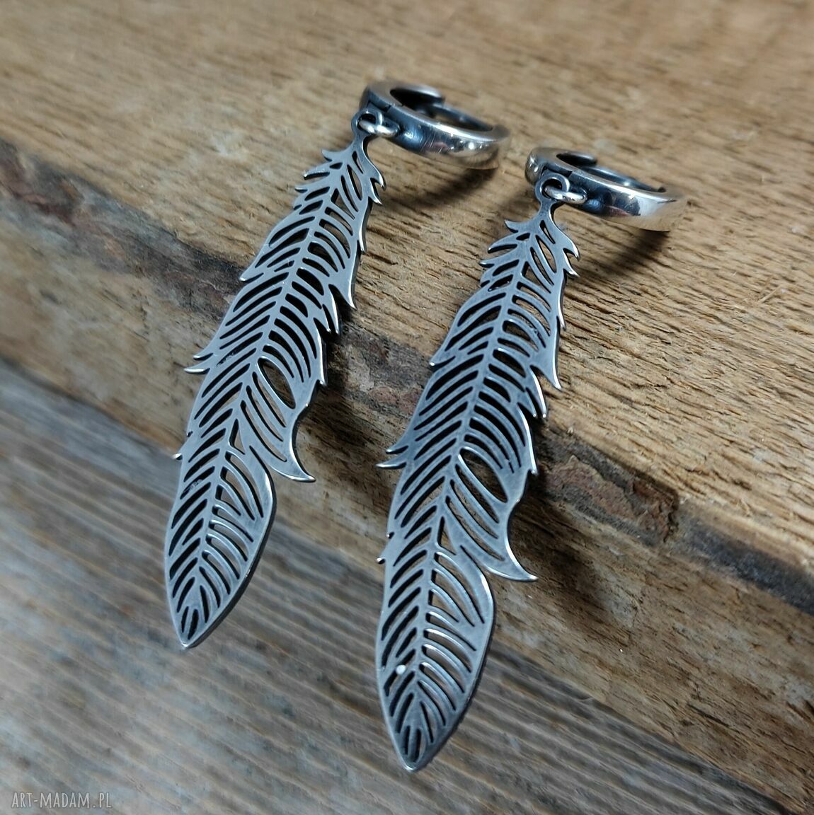 Kolczyki długie piórka ze srebra 925 - oksydowane i wypolerowane (ok. 5,3 cm)