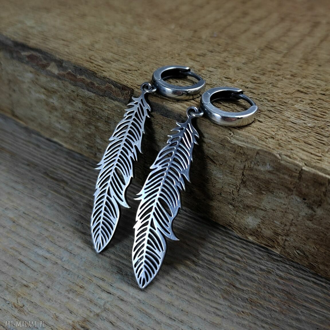 Kolczyki długie piórka ze srebra 925 - oksydowane i wypolerowane (ok. 5,3 cm)