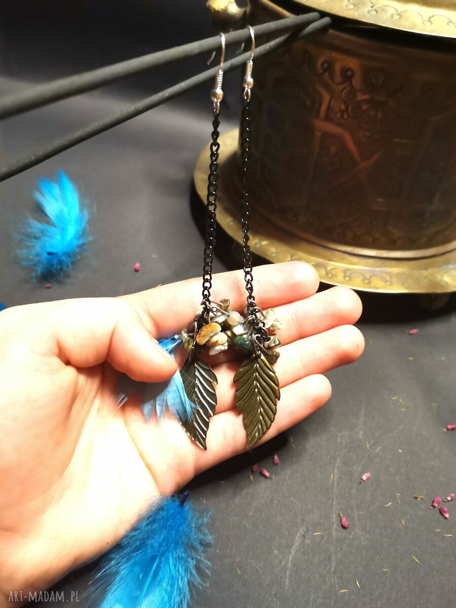 Kolczyki długie liście i kamienie naturalne - lekkie boho