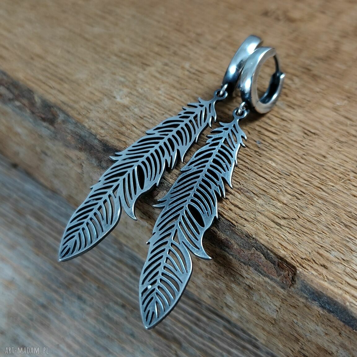 Kolczyki długie piórka ze srebra 925 - oksydowane i wypolerowane (ok. 5,3 cm)