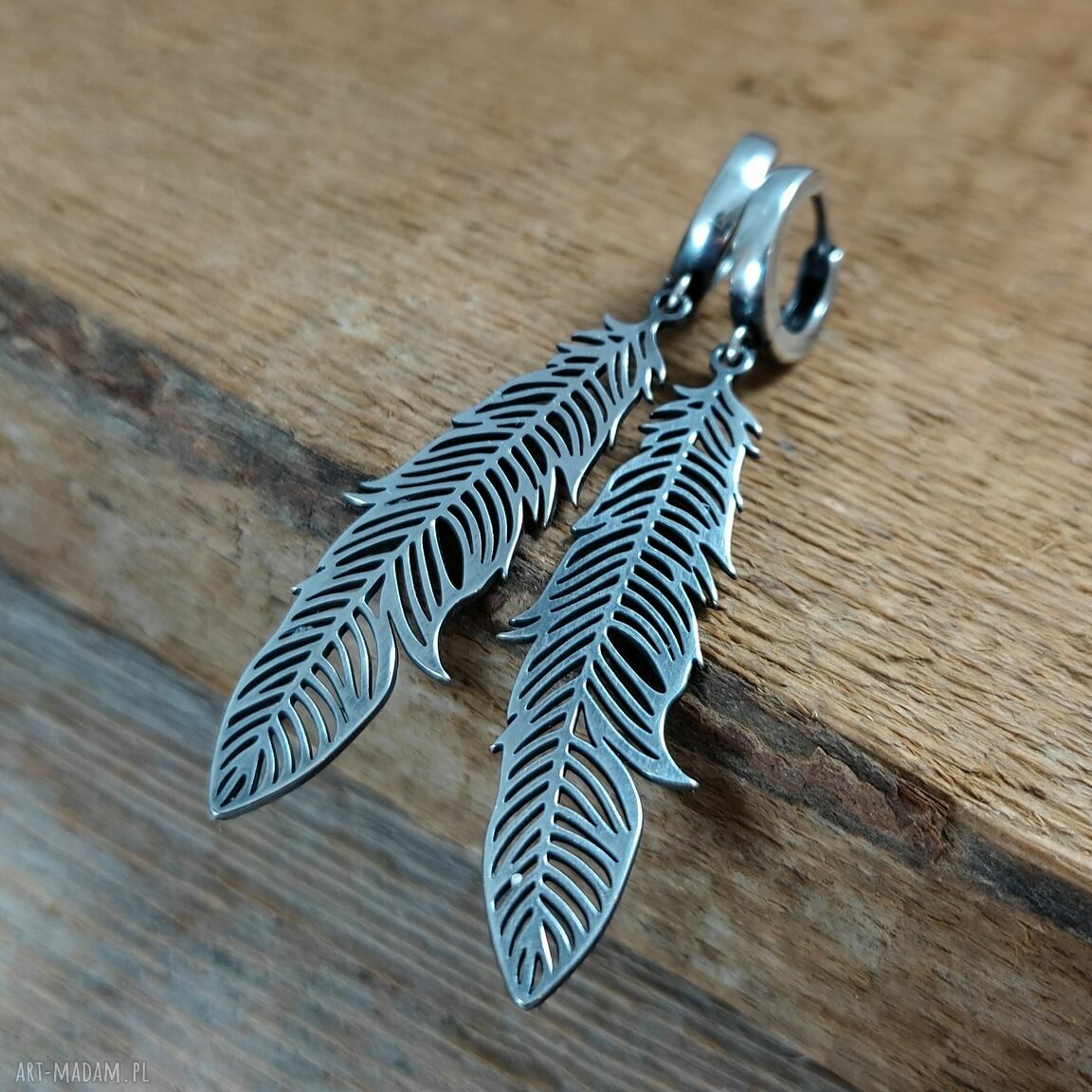 Kolczyki długie piórka ze srebra 925 - oksydowane i wypolerowane (ok. 5,3 cm)