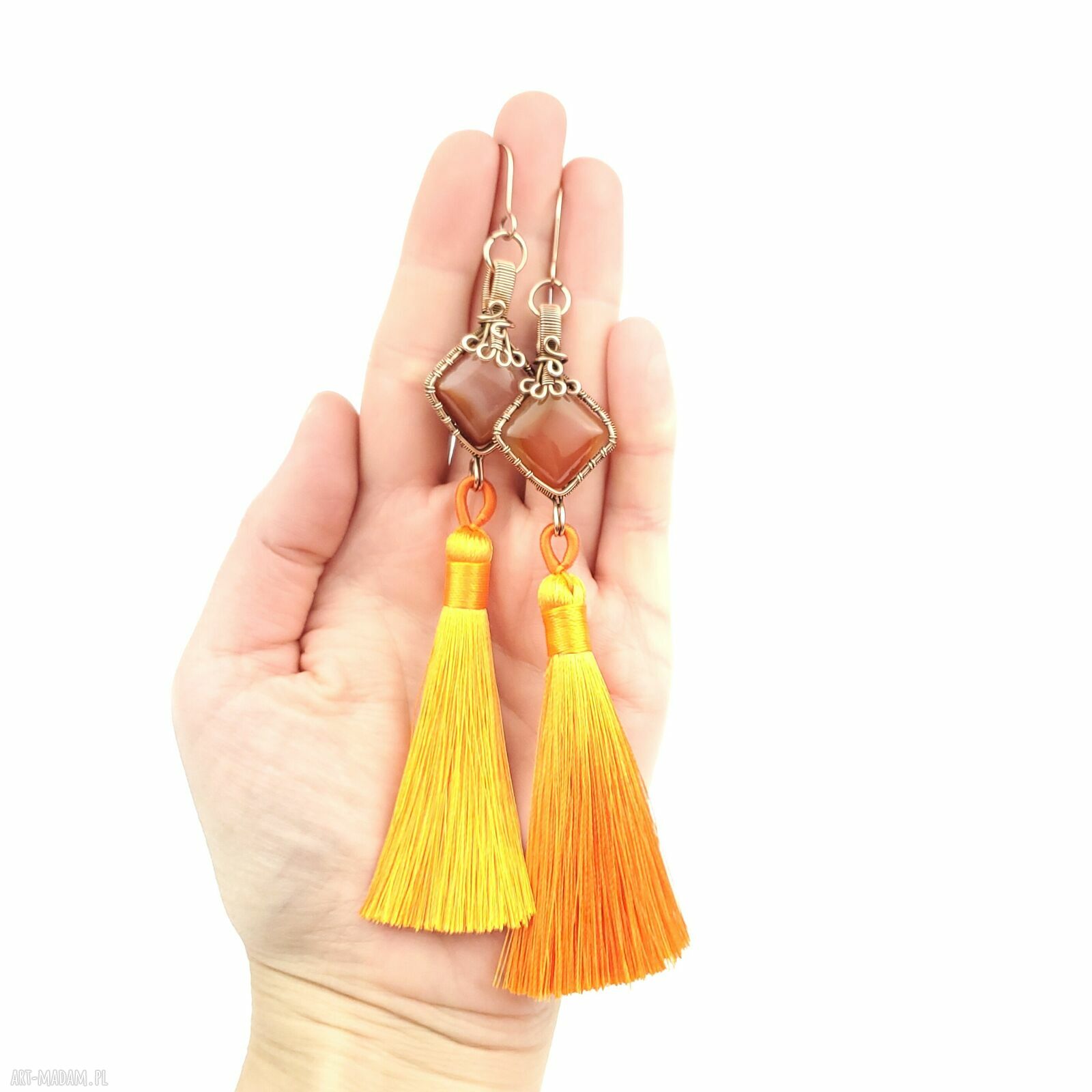 Długie kolczyki z karneolem i chwostem - miedziane wire wrapping