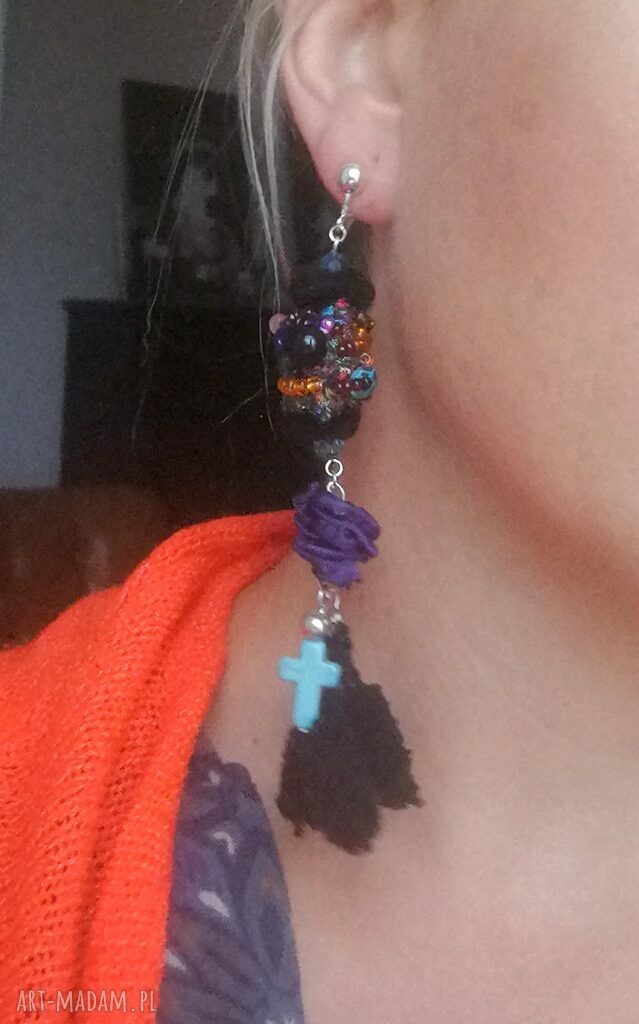 Klipsy długie boho w turkusie - wiszące, ręcznie robione (13 cm)