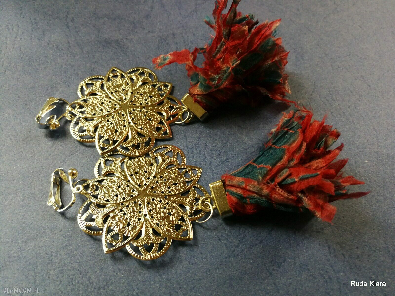 Długie wiszące klipsy folk srebrno-czerwono-niebieskie - lekkie handmade