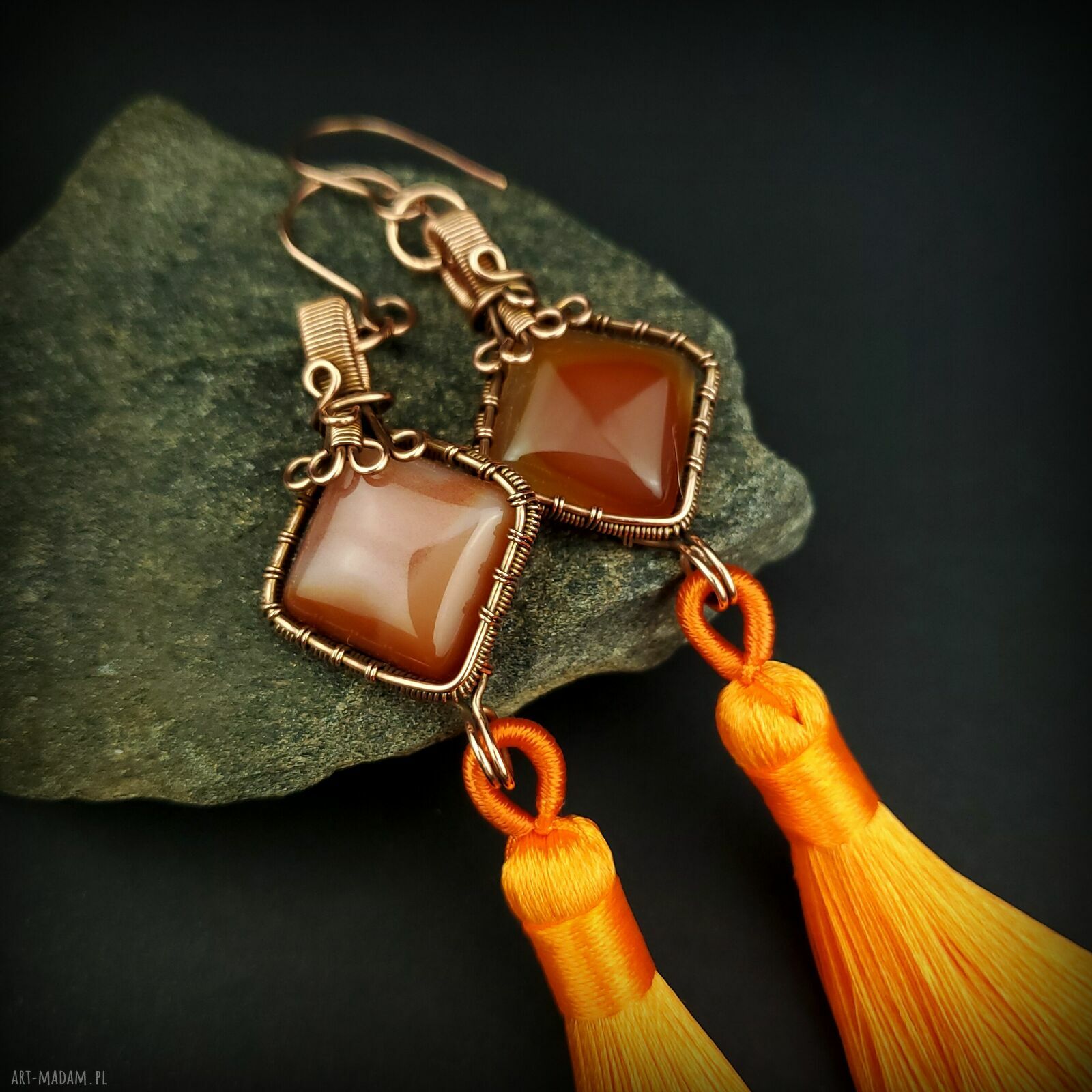 Długie kolczyki z karneolem i chwostem - miedziane wire wrapping