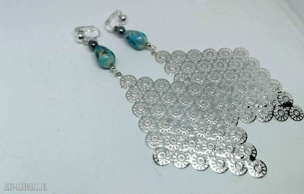 Klipsy długie lekkie ażurowe boho - srebro z czarnym, 12 cm
