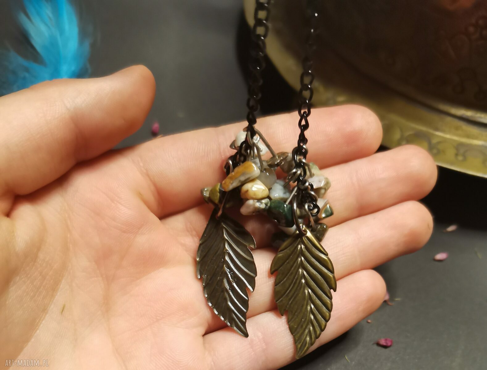 Kolczyki długie liście i kamienie naturalne - lekkie boho