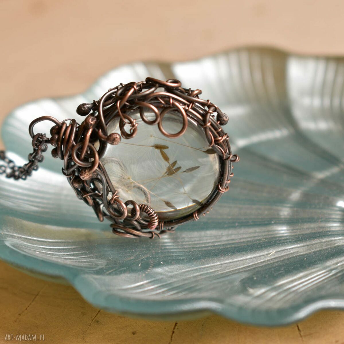Dmuchawiec - naszyjnik z prawdziwym dmuchawcem w szkle (wire wrapping miedź)