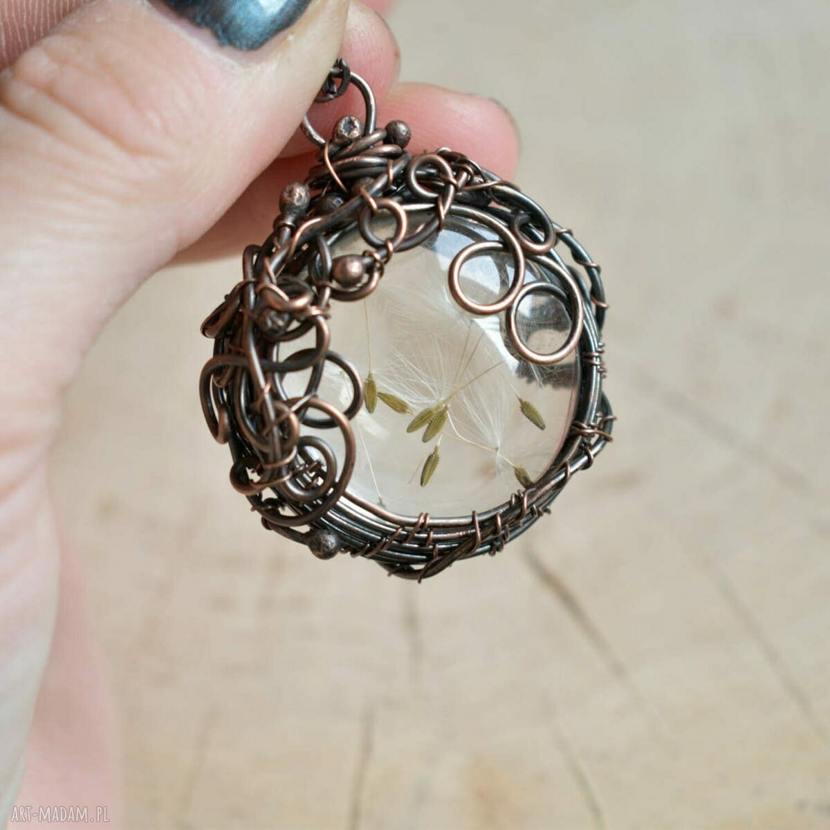 Dmuchawiec - naszyjnik z prawdziwym dmuchawcem w szkle (wire wrapping miedź)