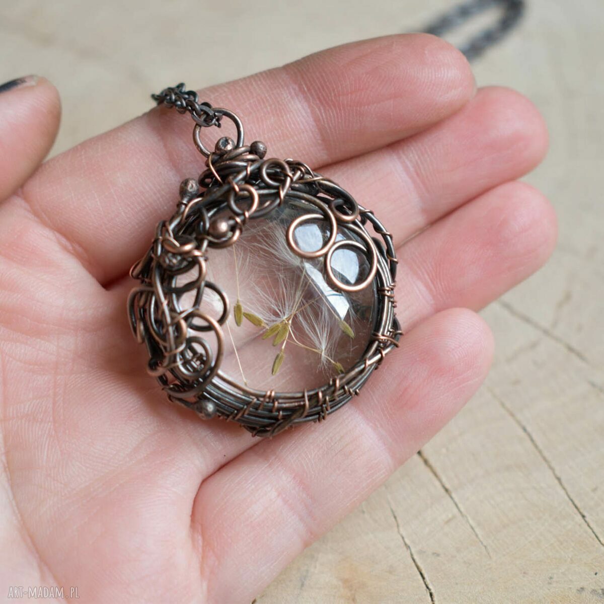 Dmuchawiec - naszyjnik z prawdziwym dmuchawcem w szkle (wire wrapping miedź)