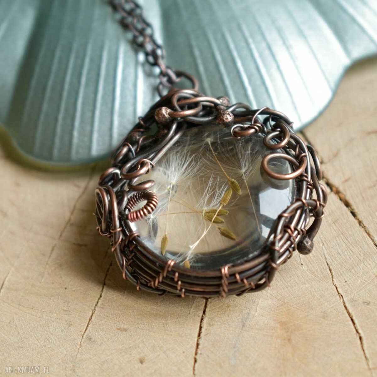 Dmuchawiec - naszyjnik z prawdziwym dmuchawcem w szkle (wire wrapping miedź)