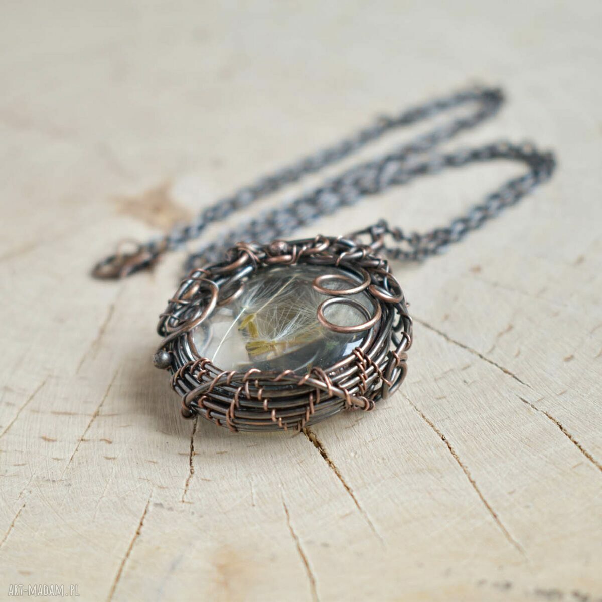 Dmuchawiec - naszyjnik z prawdziwym dmuchawcem w szkle (wire wrapping miedź)