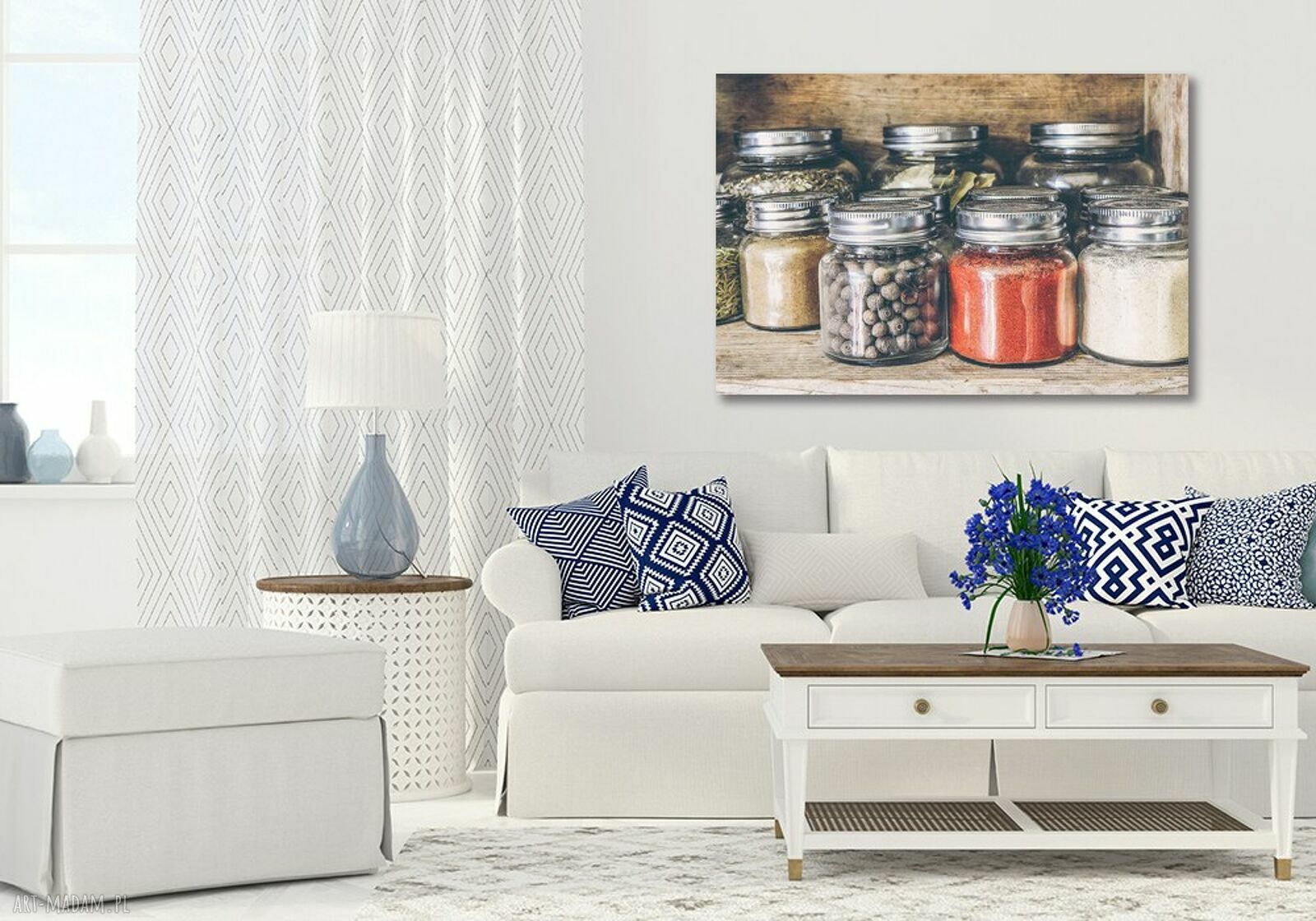 Obraz do kuchni na płótnie - przyprawy, zioła i słoiki 120x80 cm