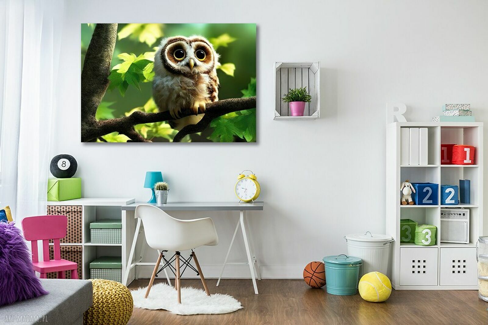 Bajkowy obraz na płótnie do pokoju dziecka - sowa i leśne zwierzątka 120x80 cm