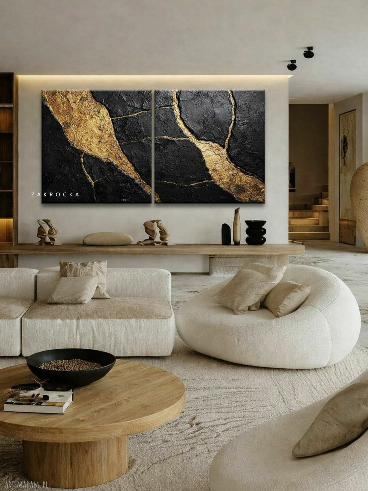 Obraz strukturalny złoto i czerń do salonu - dyptyk 80x160 cm