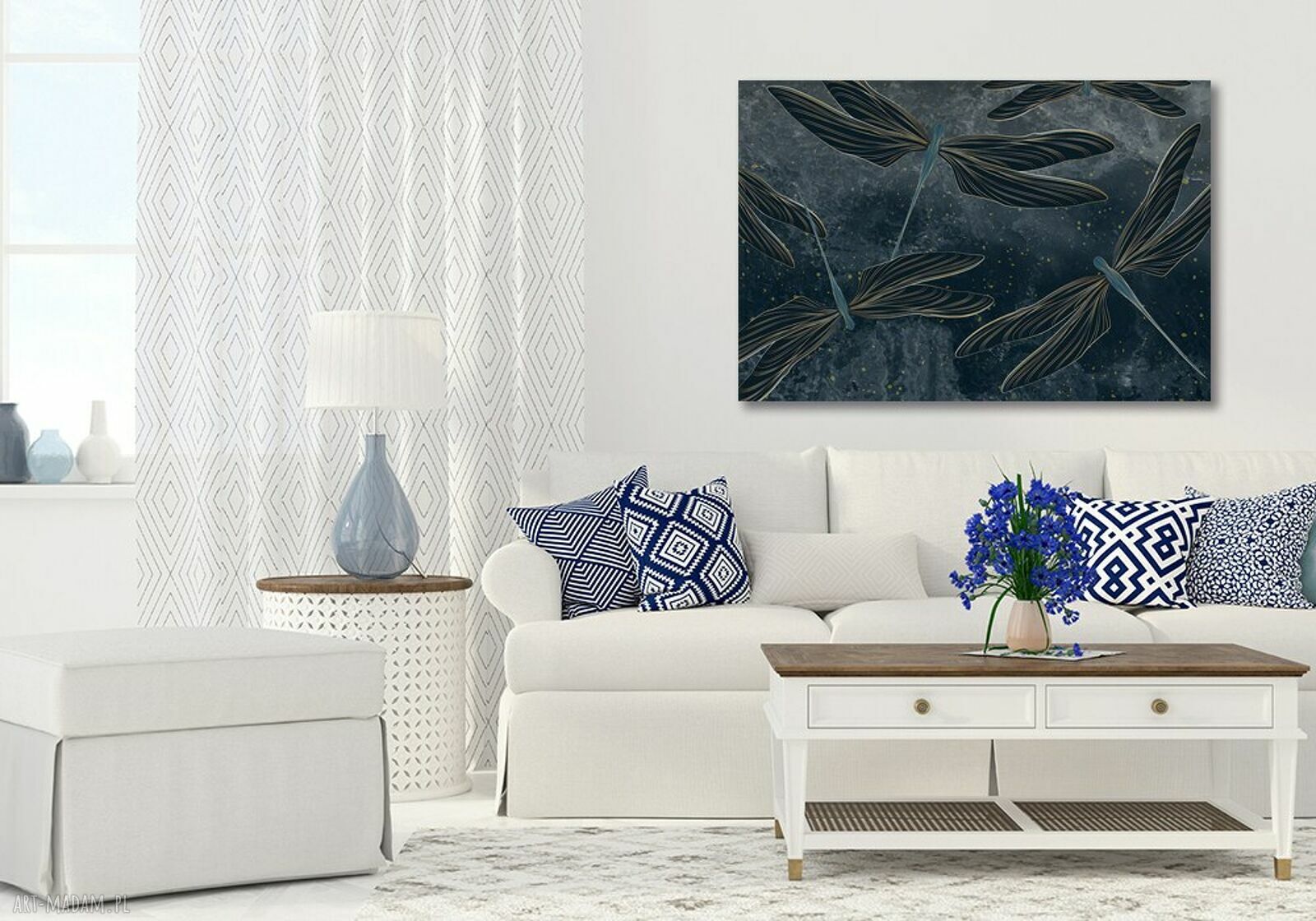 Obraz na płótnie z ważkami granat i złoto 120x80 cm