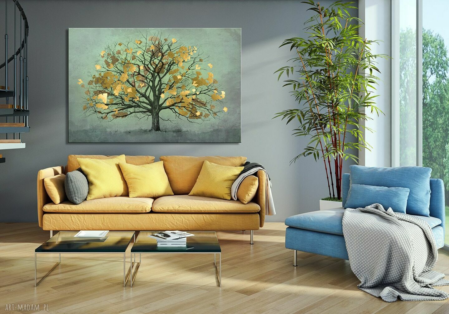 Obraz do salonu drukowany na płótnie z drzewem w odcieniach szarości i turkusów 70x50 cm - gotowy do zawieszenia