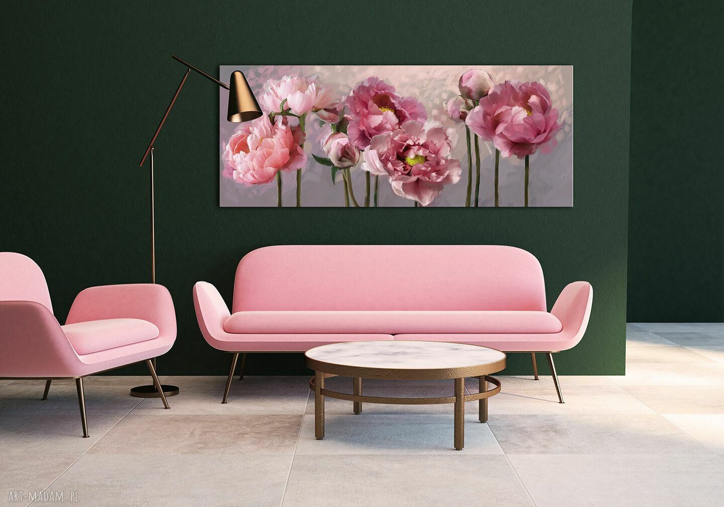 Obraz do salonu z różowymi piwoniami na płótnie 147x60 cm