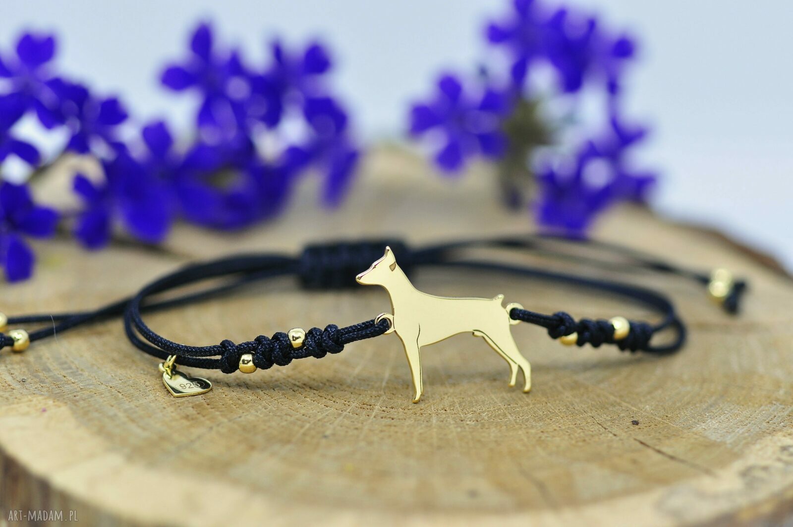 Doberman lub Pinczer - bransoletka z psem na szczęście, srebro 925 pozłacane