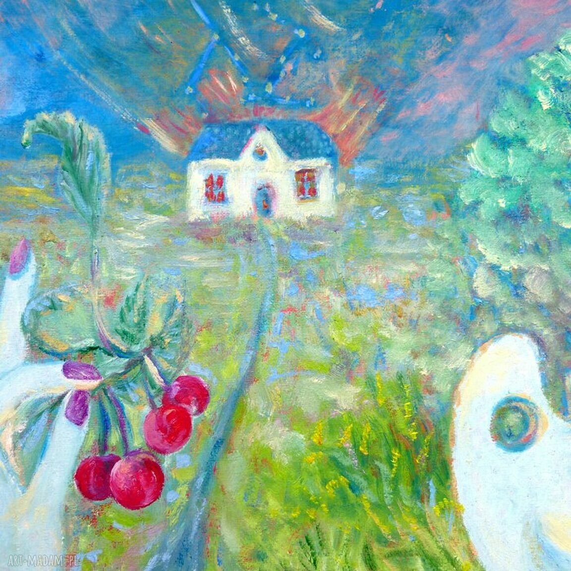 Obraz olejny na płótnie "Dom Artystki" Elisabeth - surrealistyczny pejzaż w zieleni (50x40 cm)