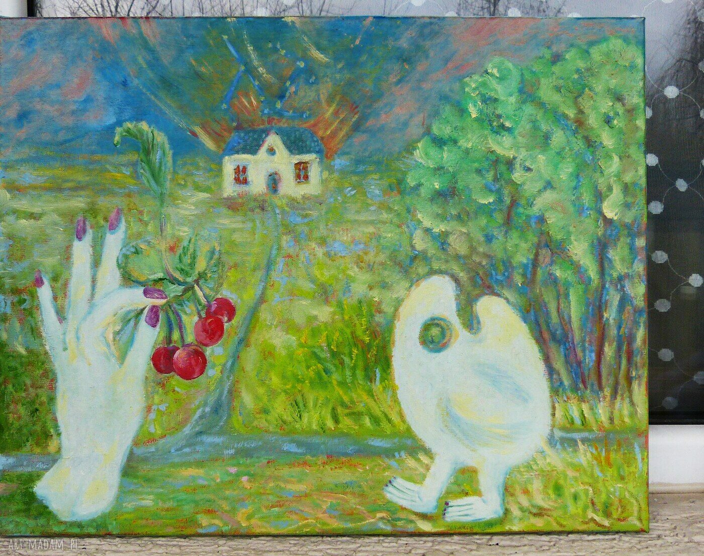 Obraz olejny na płótnie "Dom Artystki" Elisabeth - surrealistyczny pejzaż w zieleni (50x40 cm)