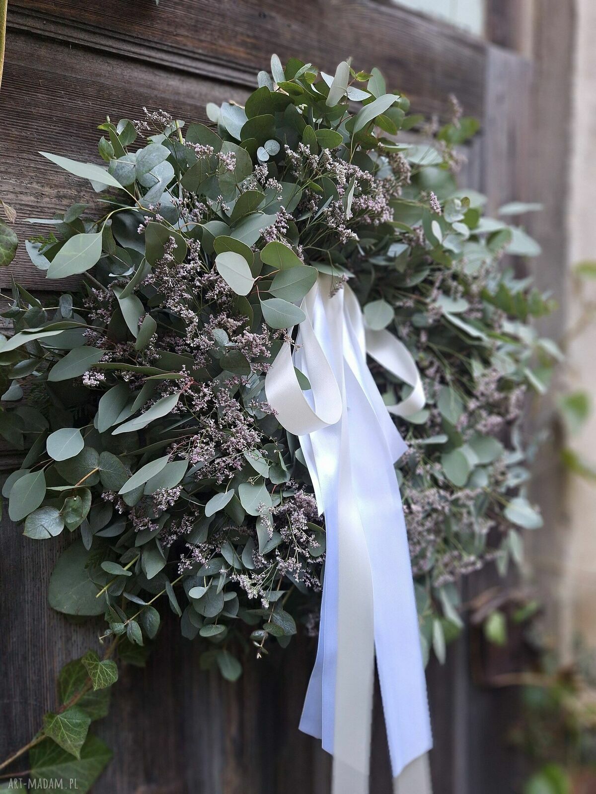 Wianek wielkanocny wiosenny z eukaliptusa i limonium na drzwi lub stół (ok. 60 cm)