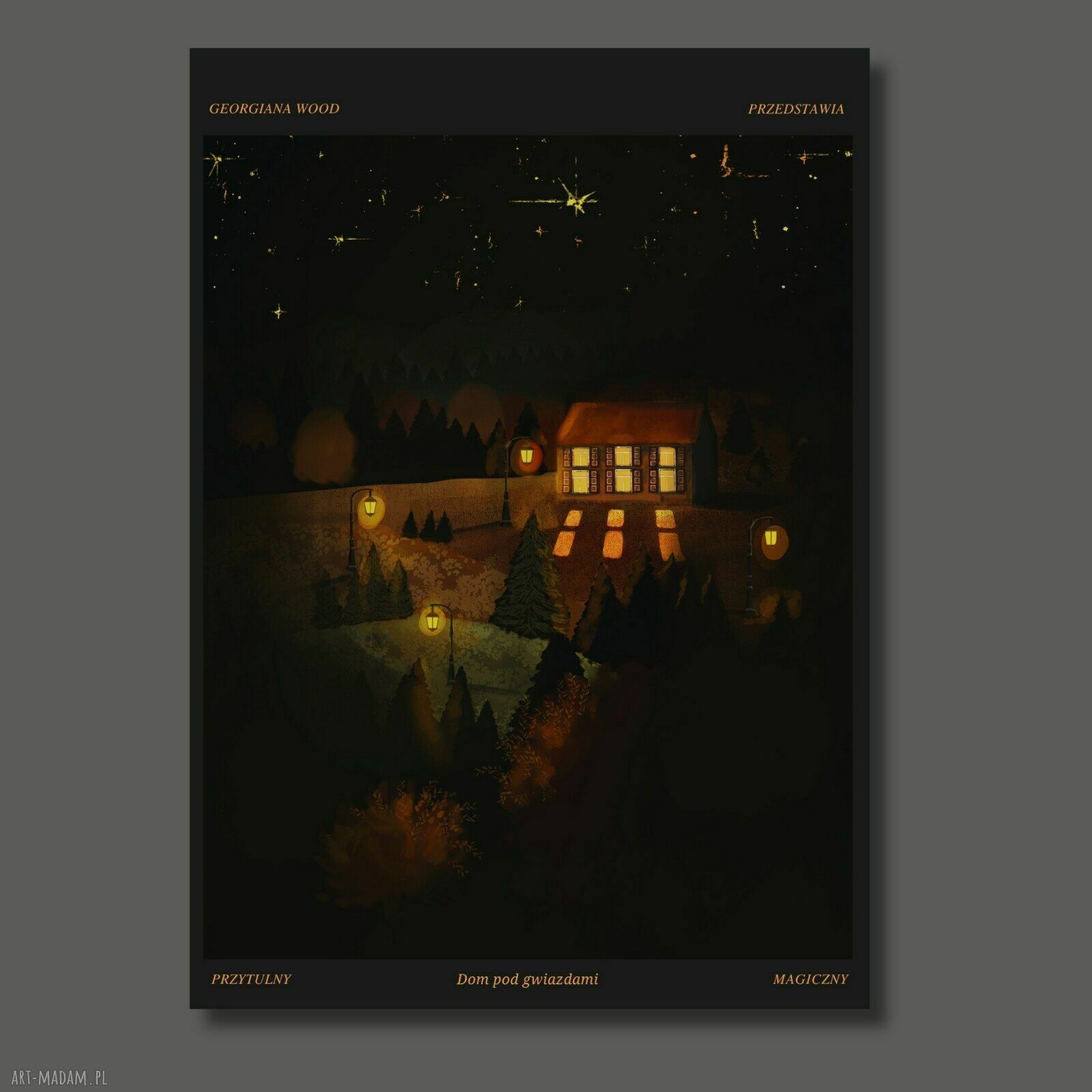 Dom pod gwiazdami. Plakat A3 29,7x42 cm – cozy winter art