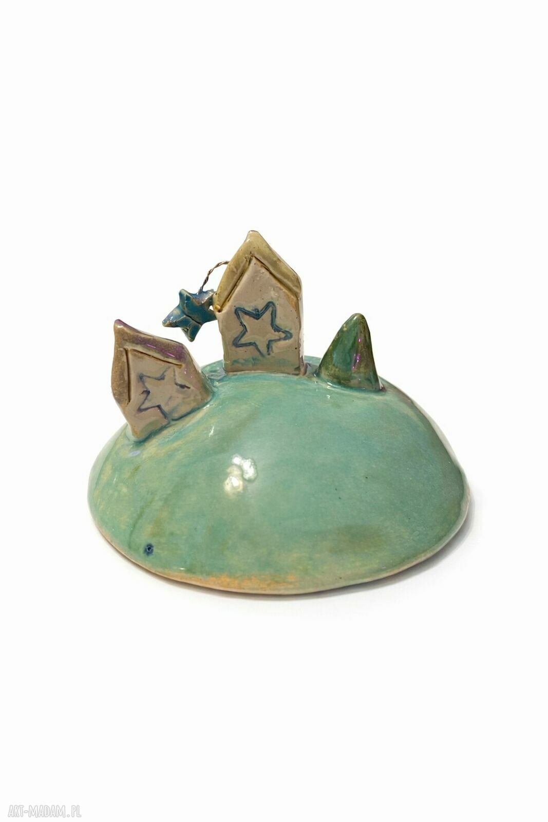 Domek ceramiczny w turkusie i zieleni - ozdoba na półkę