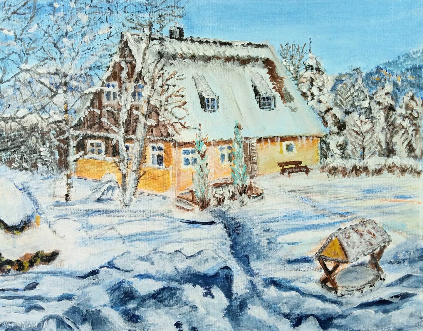 Domek w górach (Sudety) - zimowy obraz akrylowy 50x40 cm
