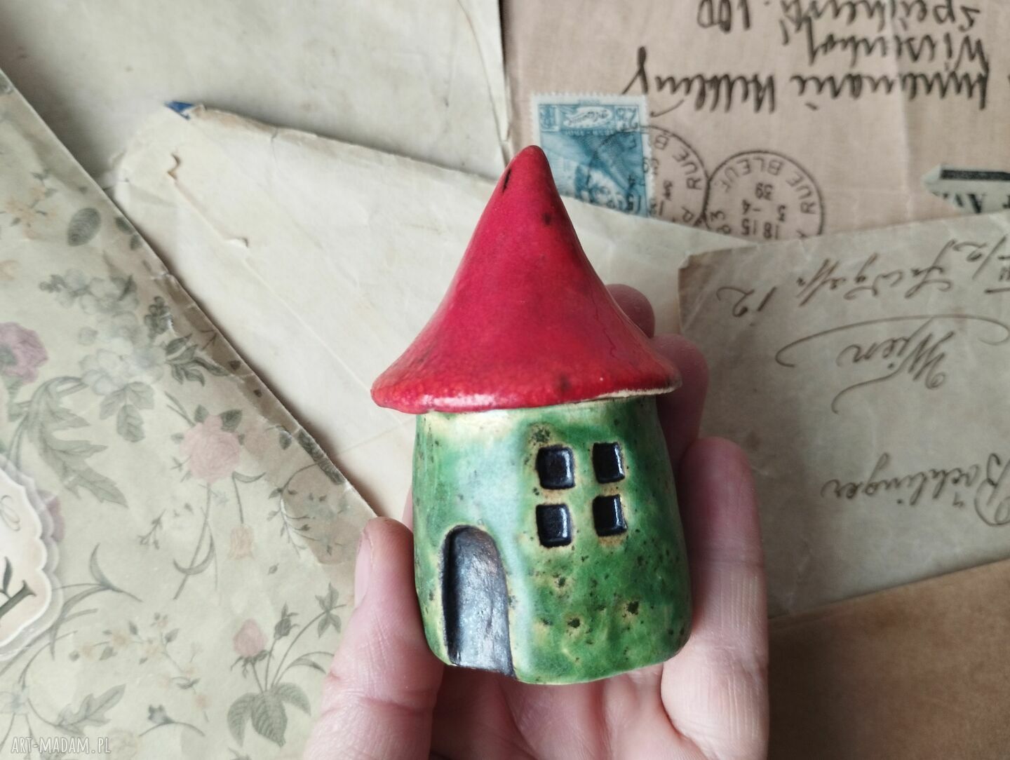 Zestaw 3 zielonych grzybków ceramicznych - las w słoju i kompozycje doniczkowe