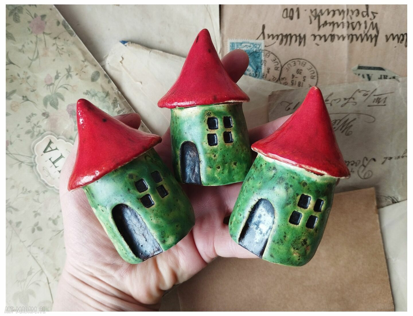 Zestaw 3 zielonych grzybków ceramicznych - las w słoju i kompozycje doniczkowe