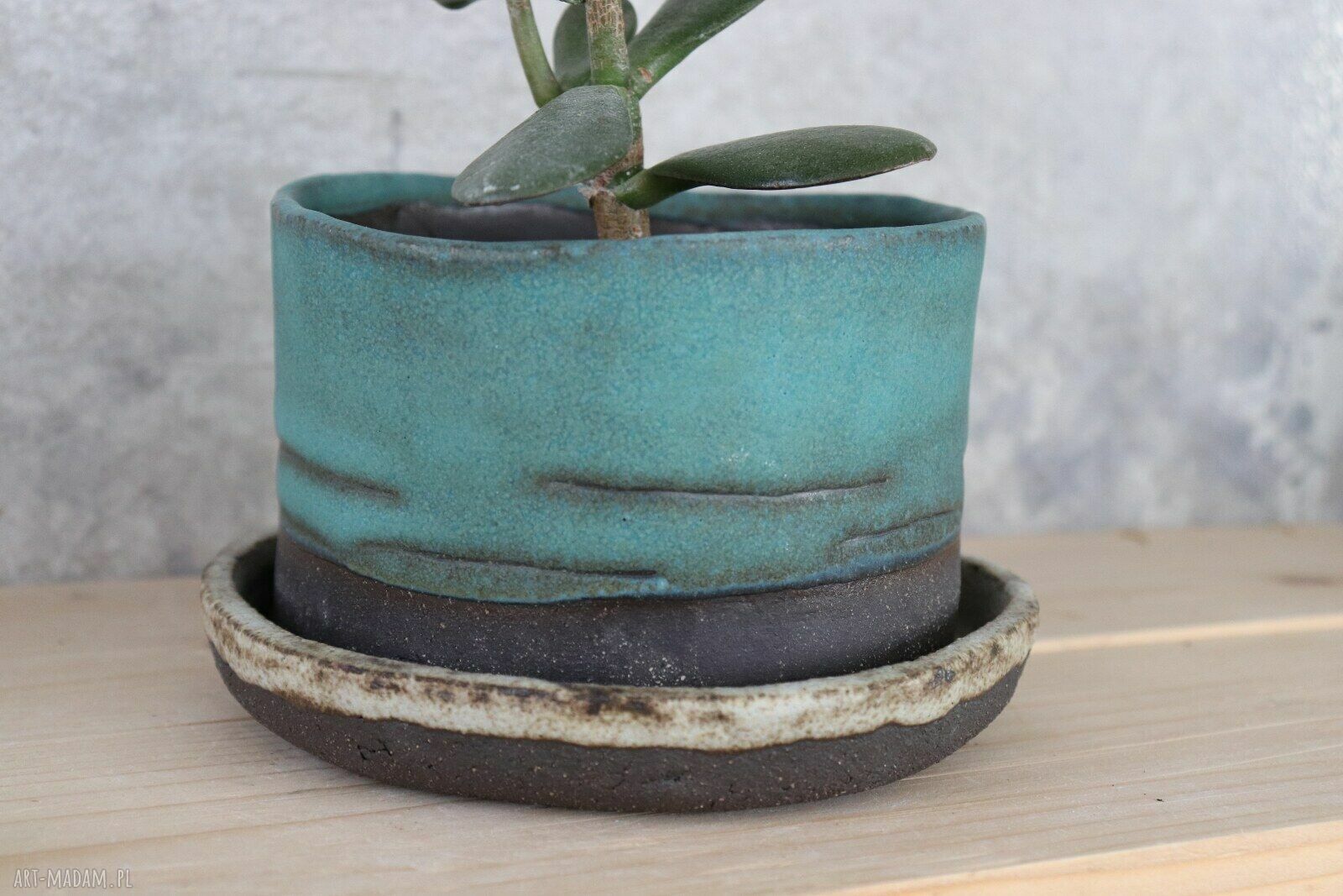Doniczka ceramiczna Otuliny handmade - niebieskie szkliwo i fioletowa podstawka