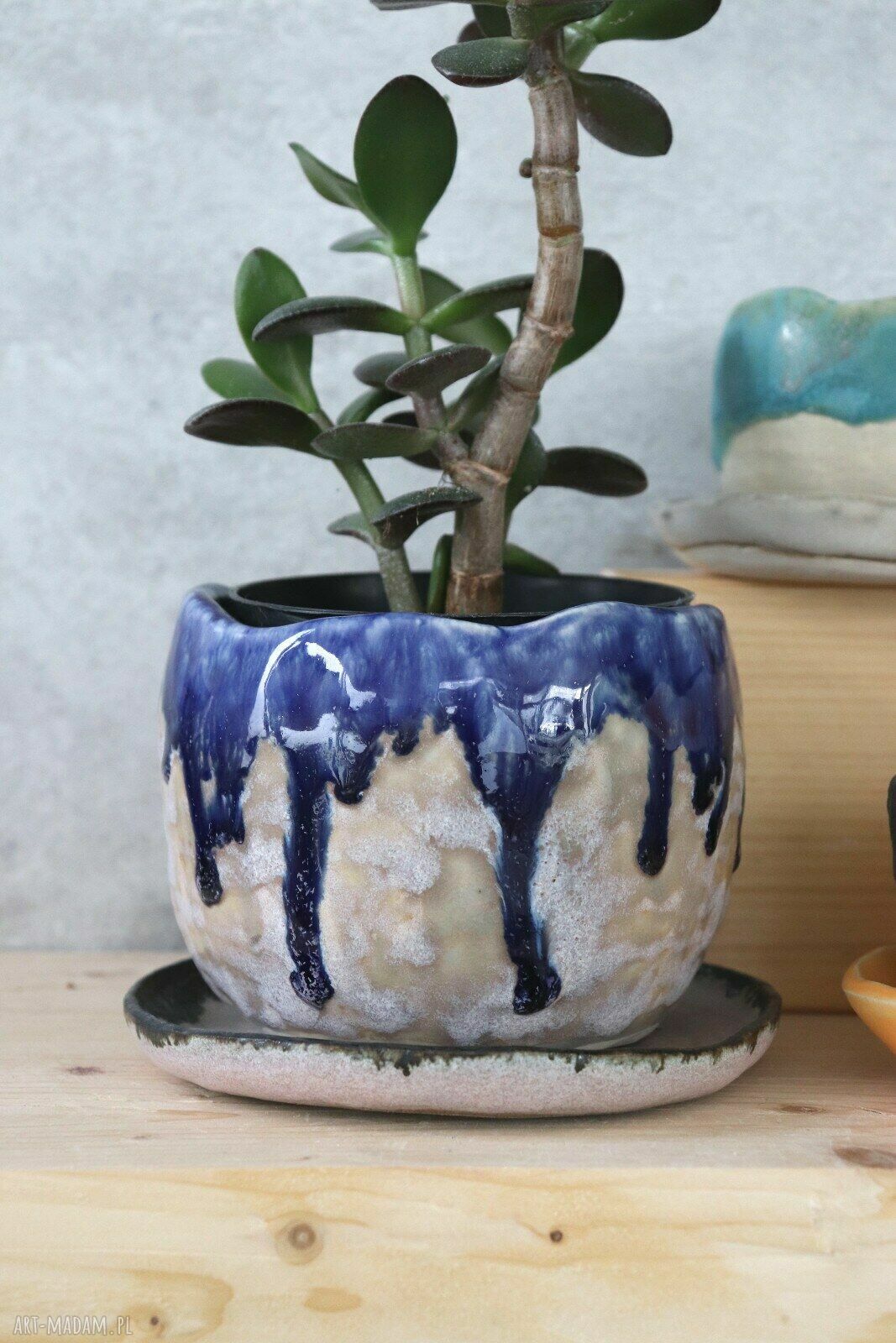 Ręcznie robiona doniczka ceramiczna Otuliny - szaro-różowa i kobaltowa