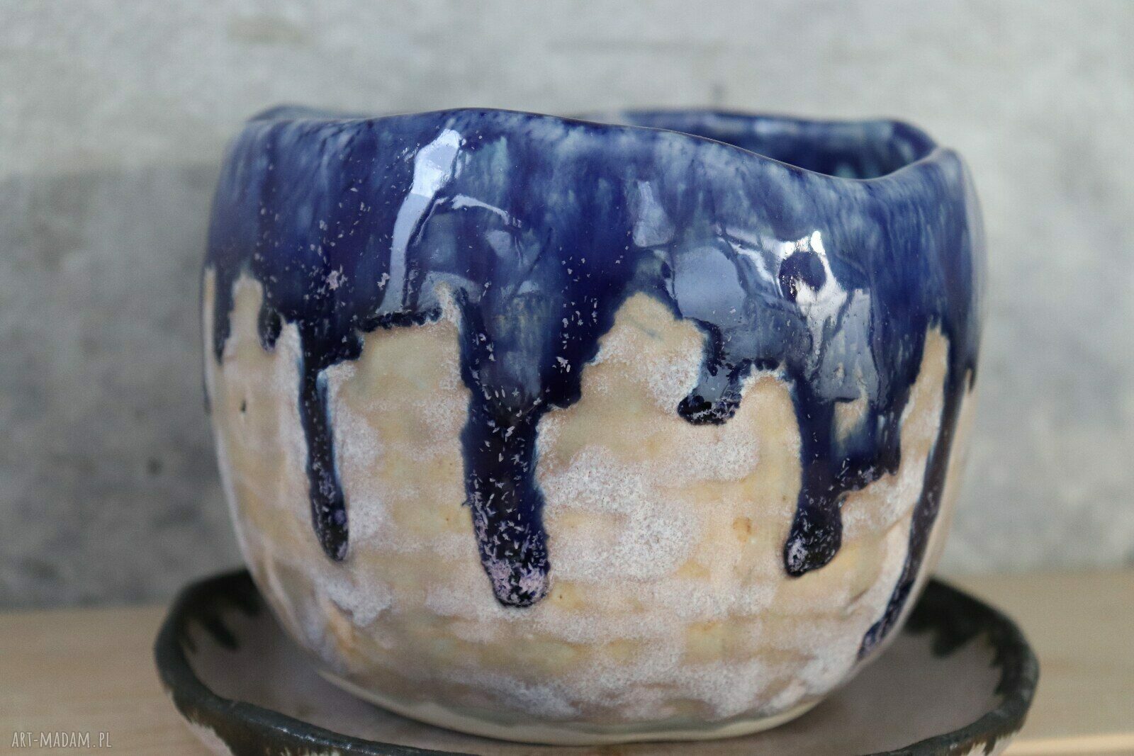 Ręcznie robiona doniczka ceramiczna Otuliny - szaro-różowa i kobaltowa