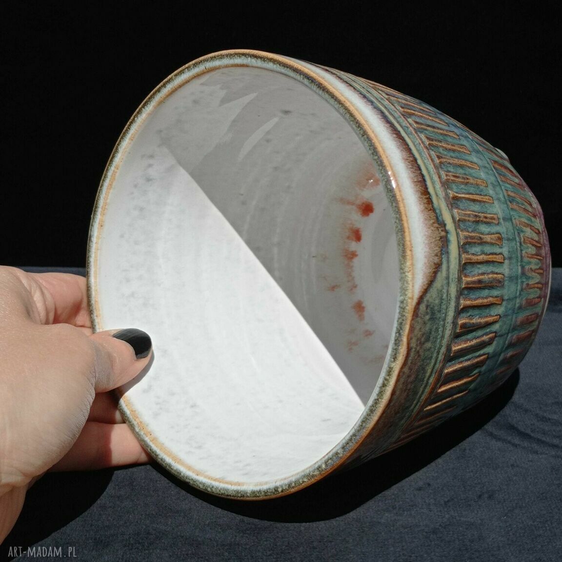 Niebieska doniczka ceramiczna Sgraffito Regular - ręcznie robiona osłonka