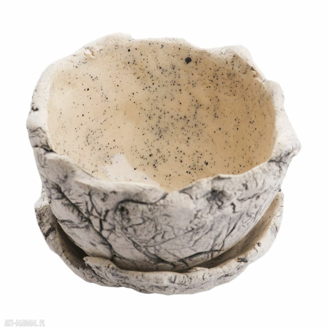 Doniczka ceramiczna M z jasnej gliny na rośliny - rękodzieło z podstawką
