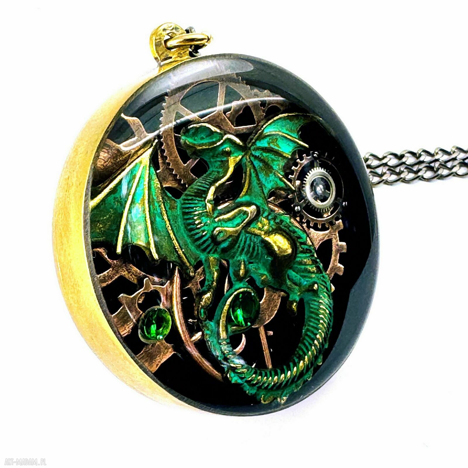 Wisior Dragon Green Beast - unikat ze starego mechanizmu zegarka i żywicy