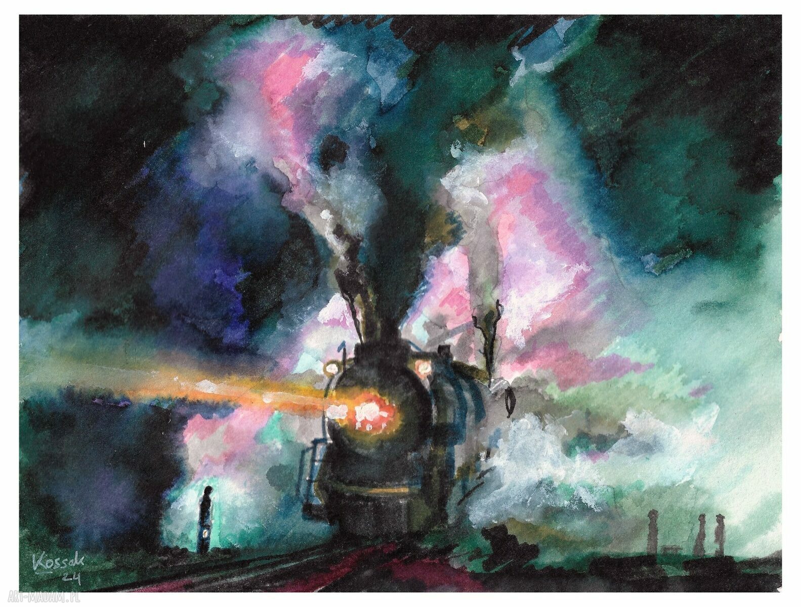 Dreams - Nocna lokomotywa A4 - ręcznie malowana ilustracja akwarelowa