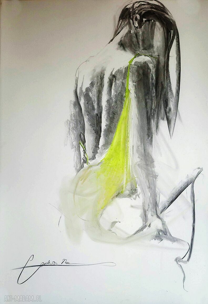 Kobiecy rysunek Dress - węgiel i zielony pastel 100x70 cm