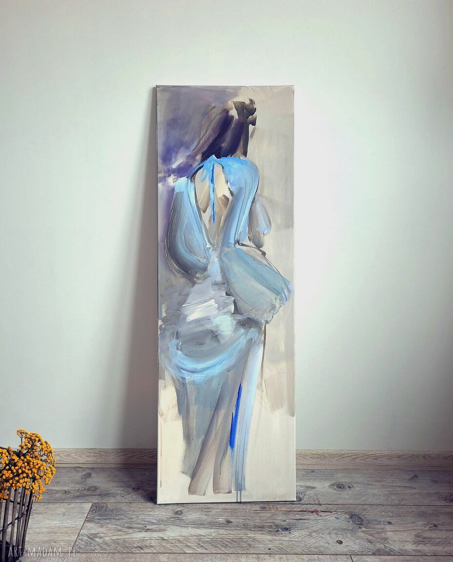 Niebieska sukienka - obraz kobiecy 130x40 cm (Blue Dress) - akryl na płótnie