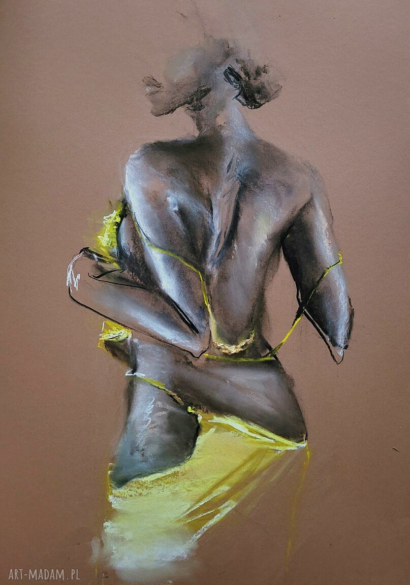 Obraz Dress 50x70 - szkic kobiety węglem i pastelami z luksusowym złotem