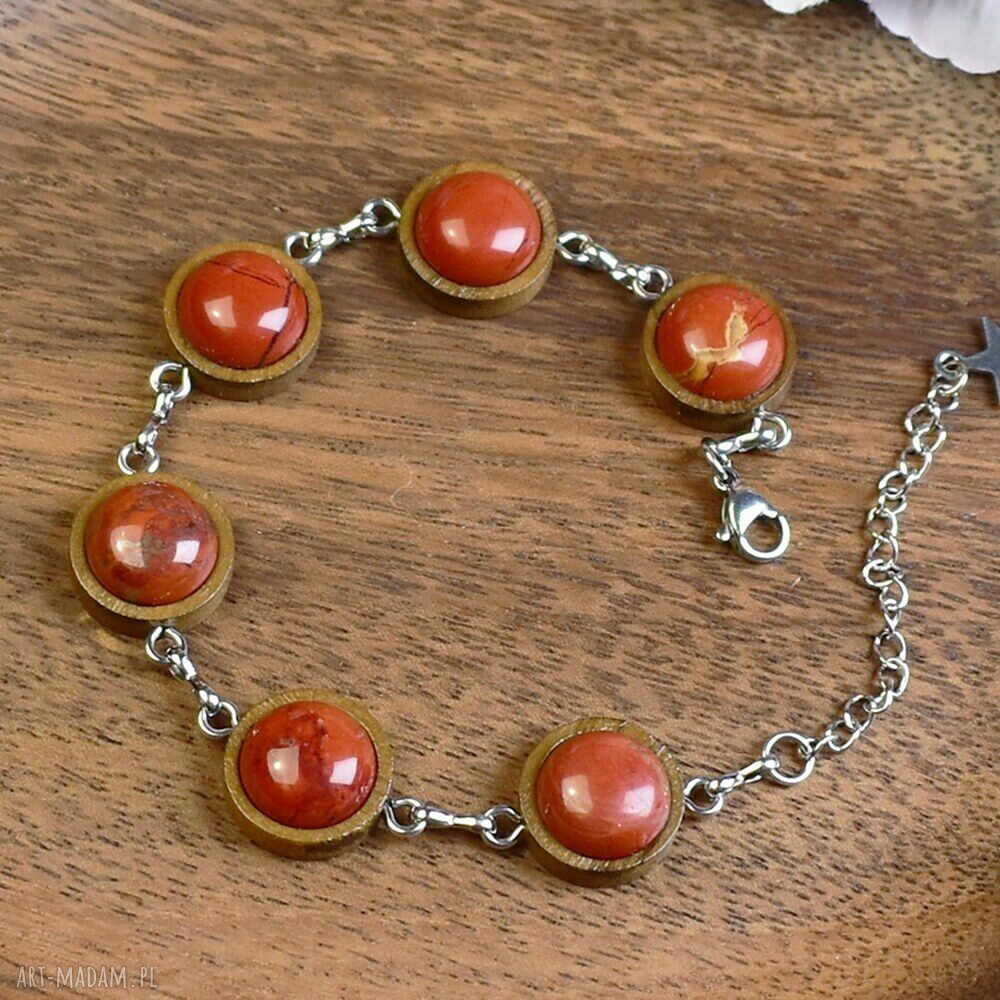 Drewniana bransoletka czerwony jaspis #108 kamieniem ręcznie
