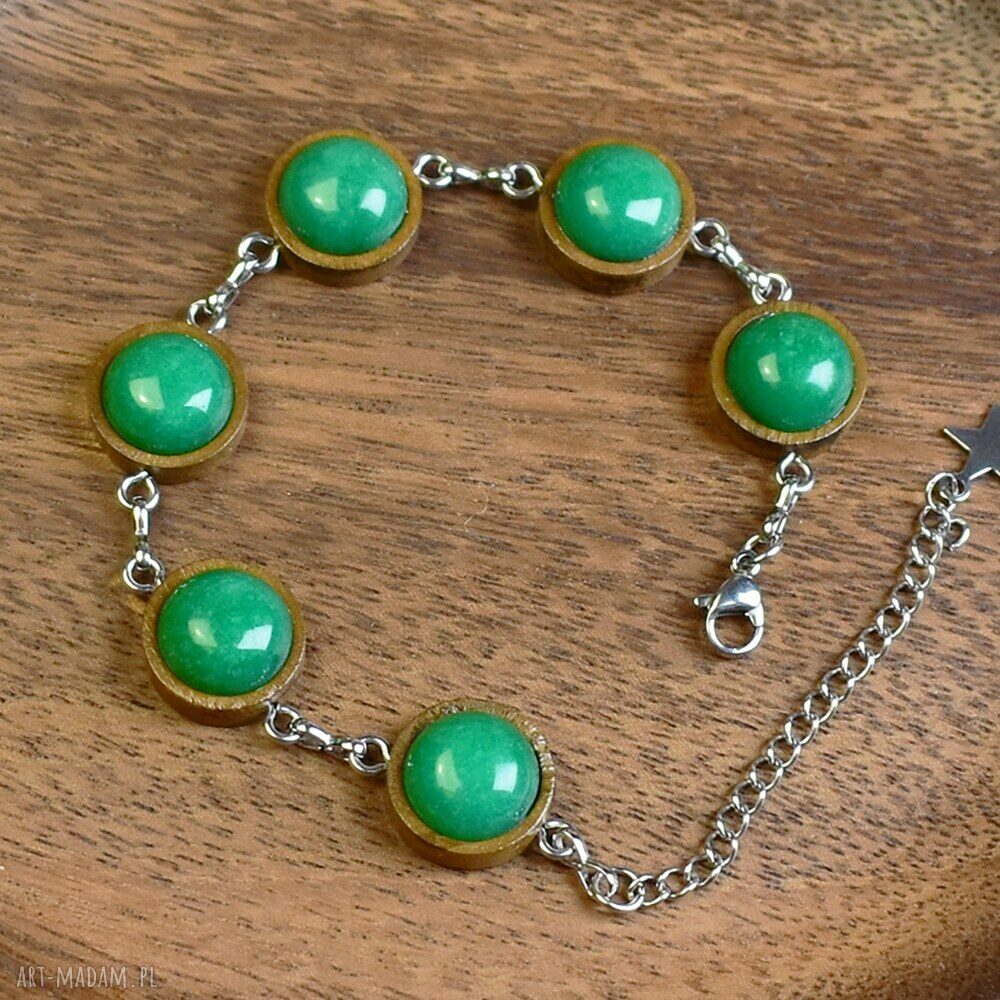 Drewniana bransoletka zielony jadeit #114 kamieniem ręcznie