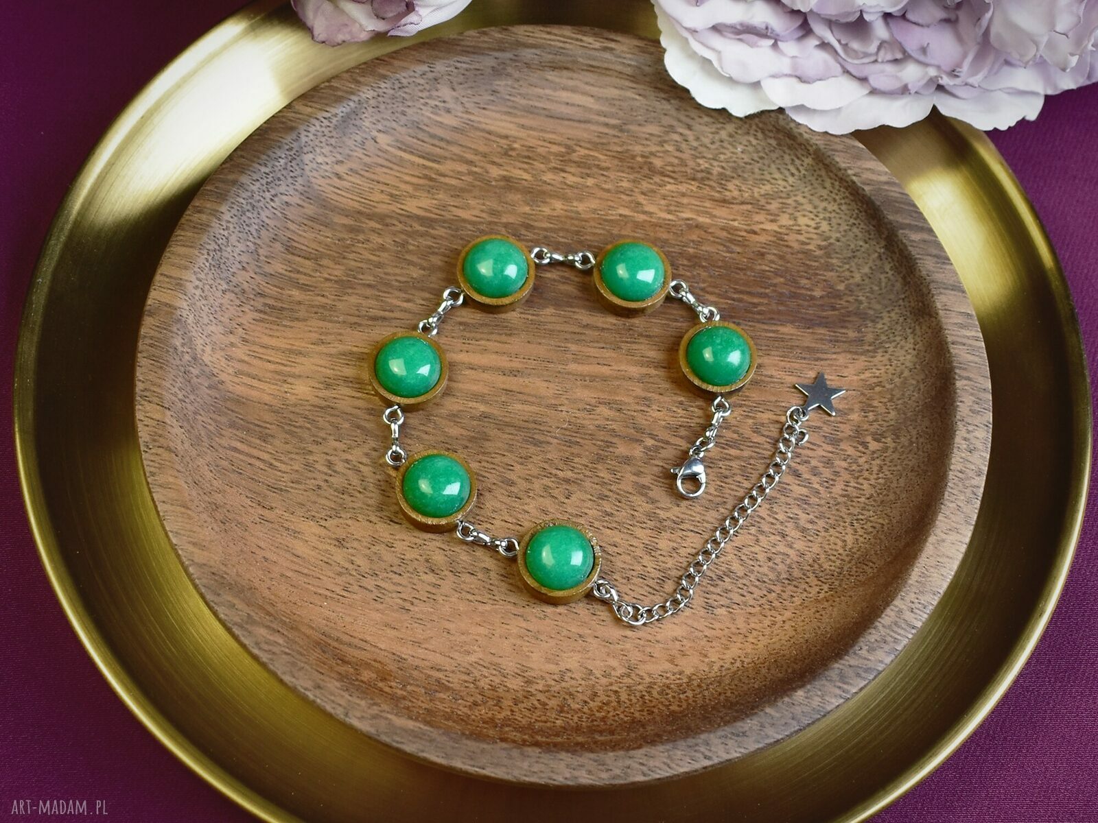 bransoletki: Drewniana bransoletka zielony jadeit #114 handmade
