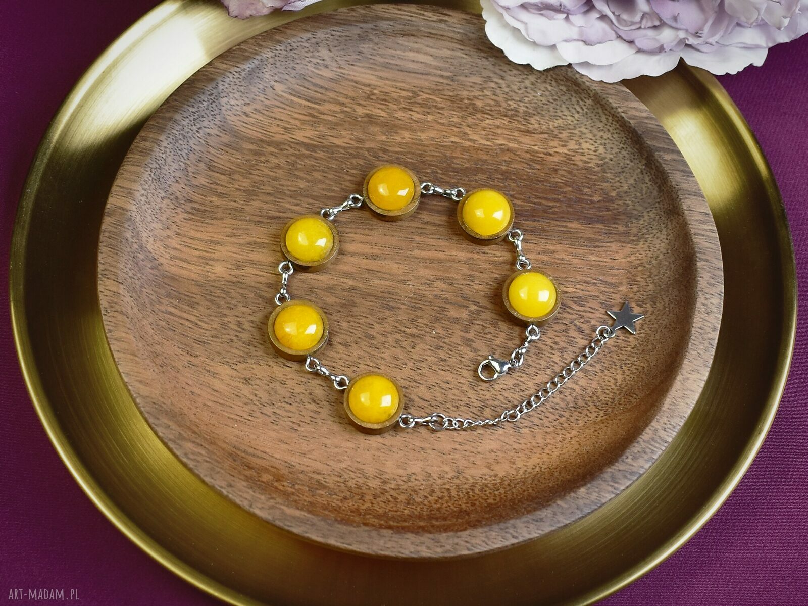 bransoletki: Drewniana bransoletka żółty jadeit #111 handmade