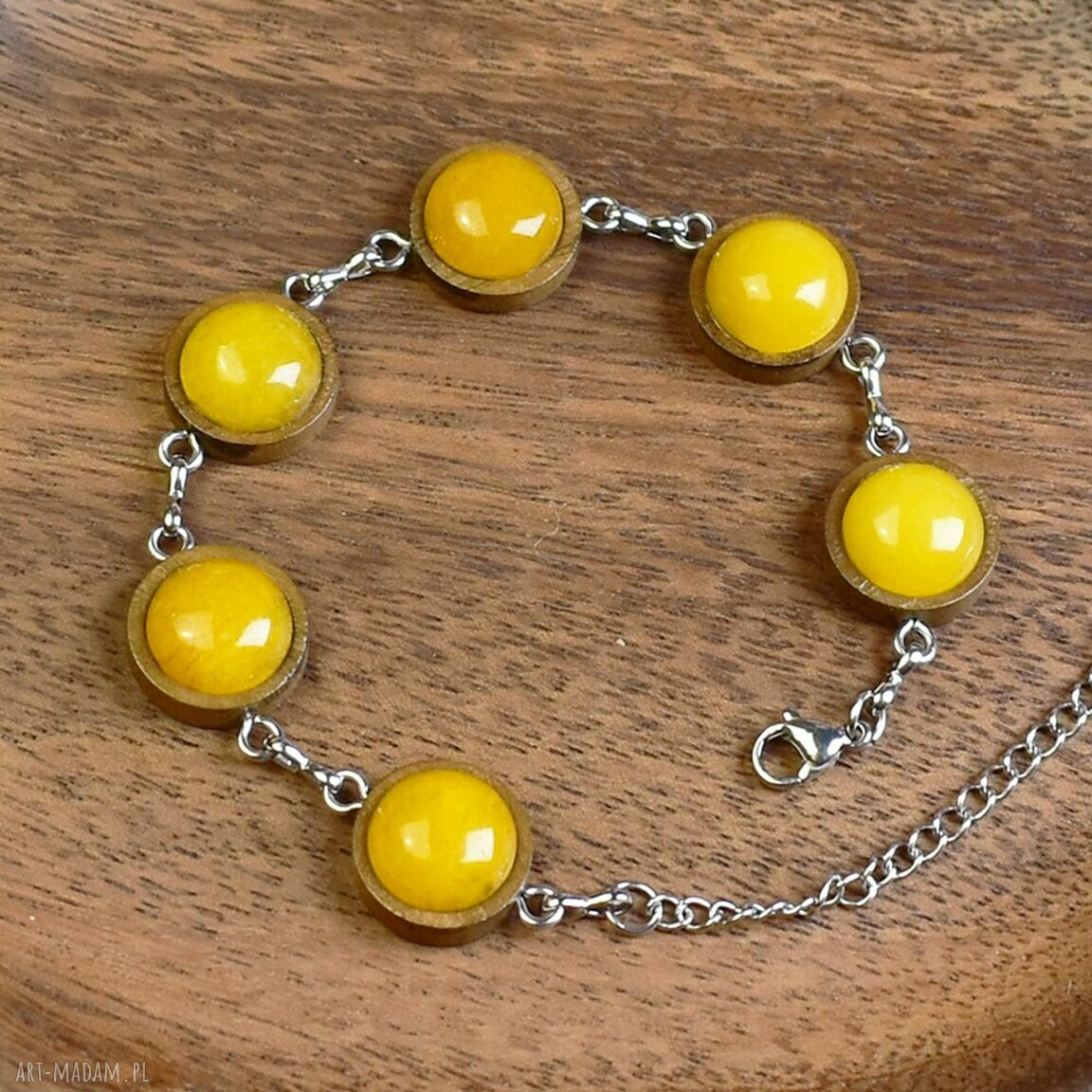Drewniana bransoletka żółty jadeit #111 kamieniem ręcznie